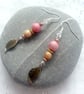 Pink Orange Bead Earrings - Bronze Leaf Boho Dangle Earrings