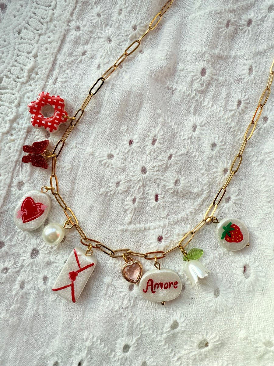 Gold Charm Necklace with Strawberry, Amore & Love Letter Charms