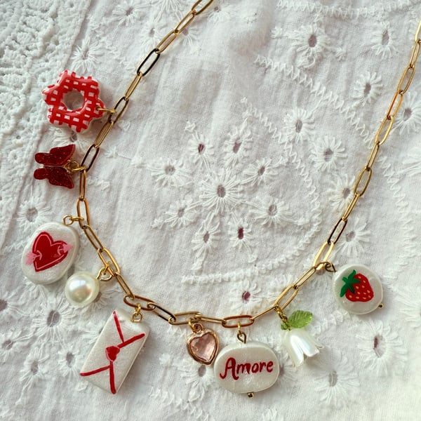 Gold Charm Necklace with Strawberry, Amore & Love Letter Charms