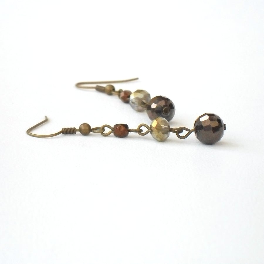 Handmade brown crystal dangly earrings - vintage style