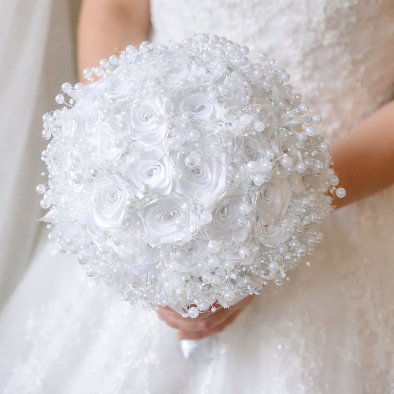 Unique White Satin Roses & Pearl Bridal Large Wedding Bouquet