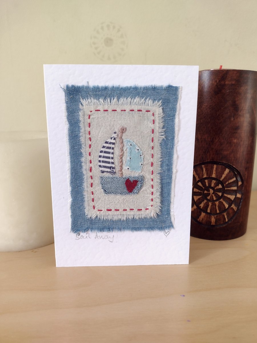 Fabric Yacht Sailing Card - Blank Card - Any Occasion - Hand-Stitched - Boat