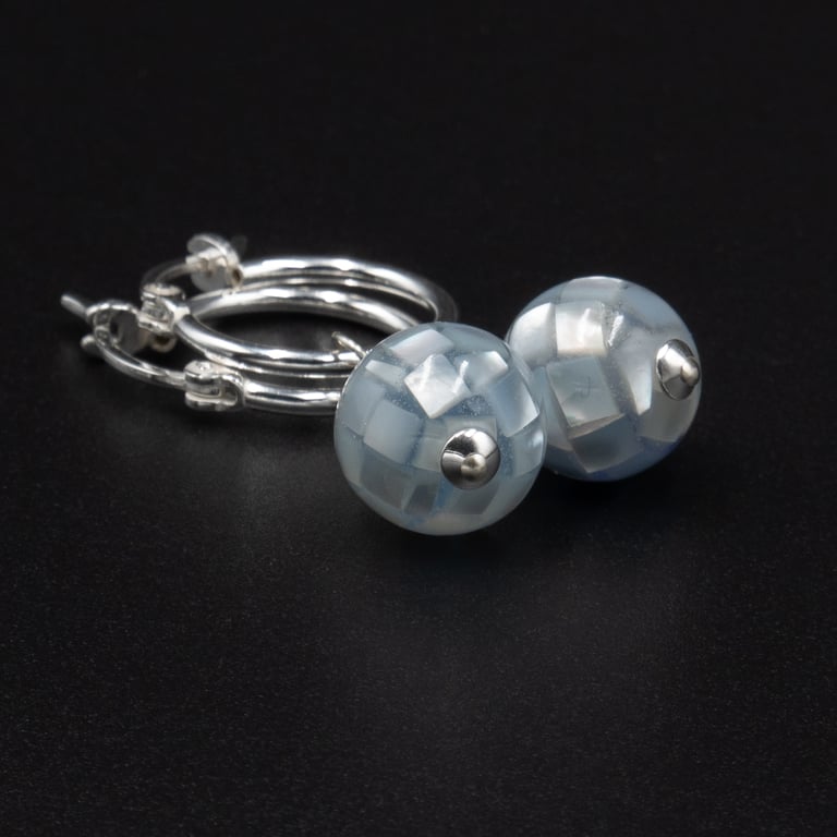 Pale blue or Aqua mother of pearl and sterling silver hoop drop earrings 
