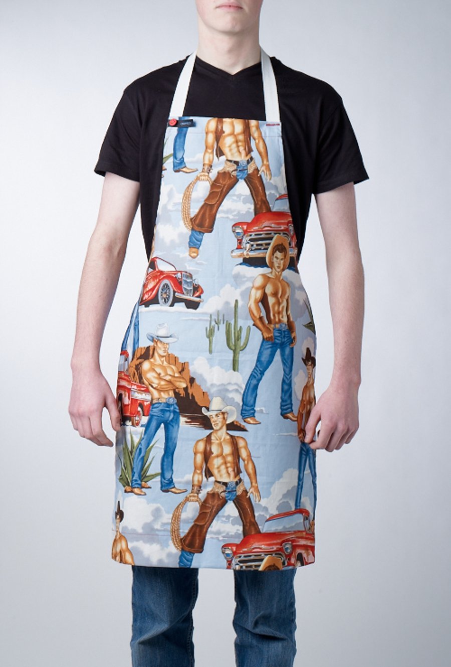 GAYPRONS aprons in retro pin up Wranglers fabric by Alexander Henry