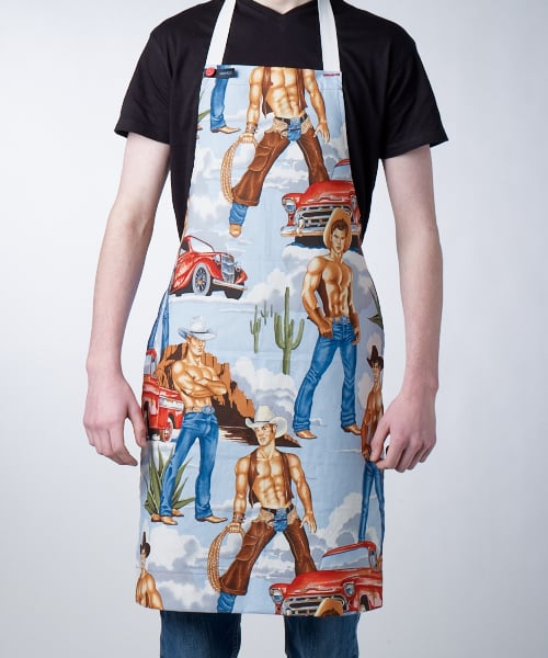 GAYPRONS aprons in retro pin up Wranglers fabric by Alexander Henry