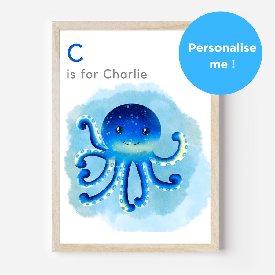 Blue Octopus Personalised Nursery Wall Art Print with Baby Childs Name