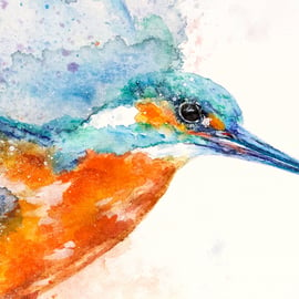 Kingfisher detail watercolour print, bird painting, abstract wall art