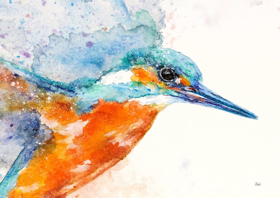 Kingfisher detail watercolour print, bird painting, abstract wall art