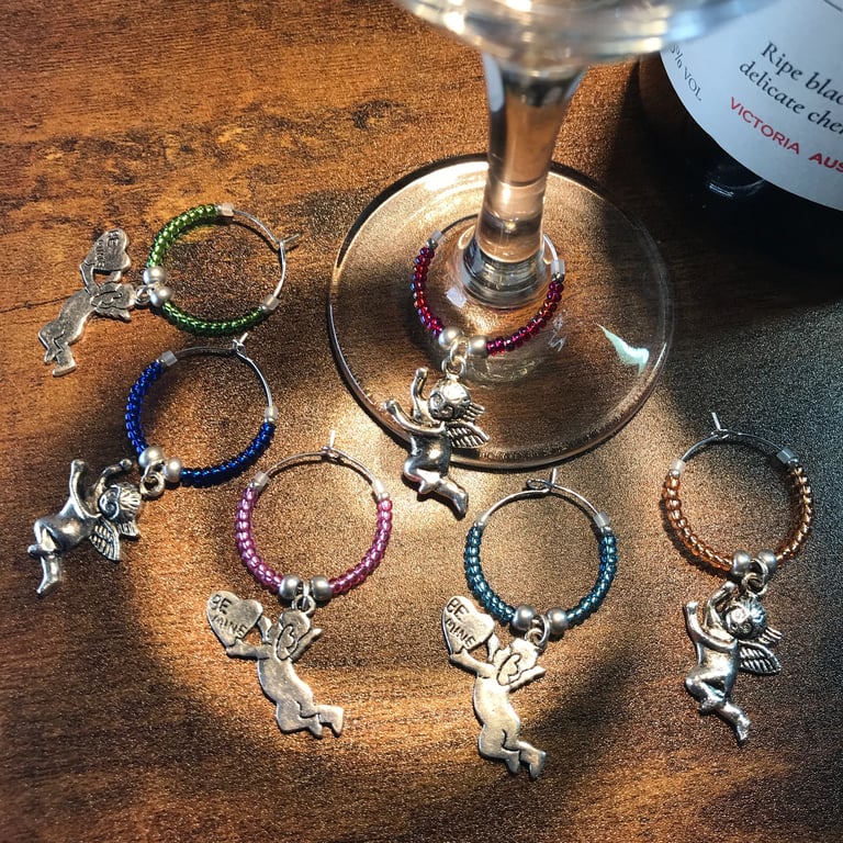 Set of Six Wine Glass Markers with Silver Angelic Creatures & Seed Beads - OOAK