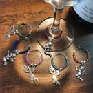 Set of Six Wine Glass Markers with Silver Angelic Creatures & Seed Beads - OOAK