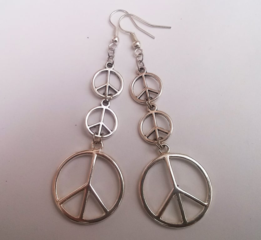 Peace Sign Silver Plate Statement Earrings Hippie Retro 60s