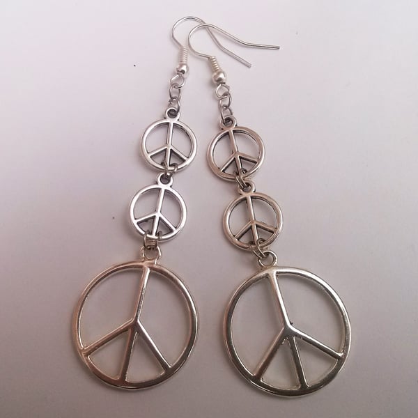 Peace Sign Silver Plate Statement Earrings Hippie Retro 60s