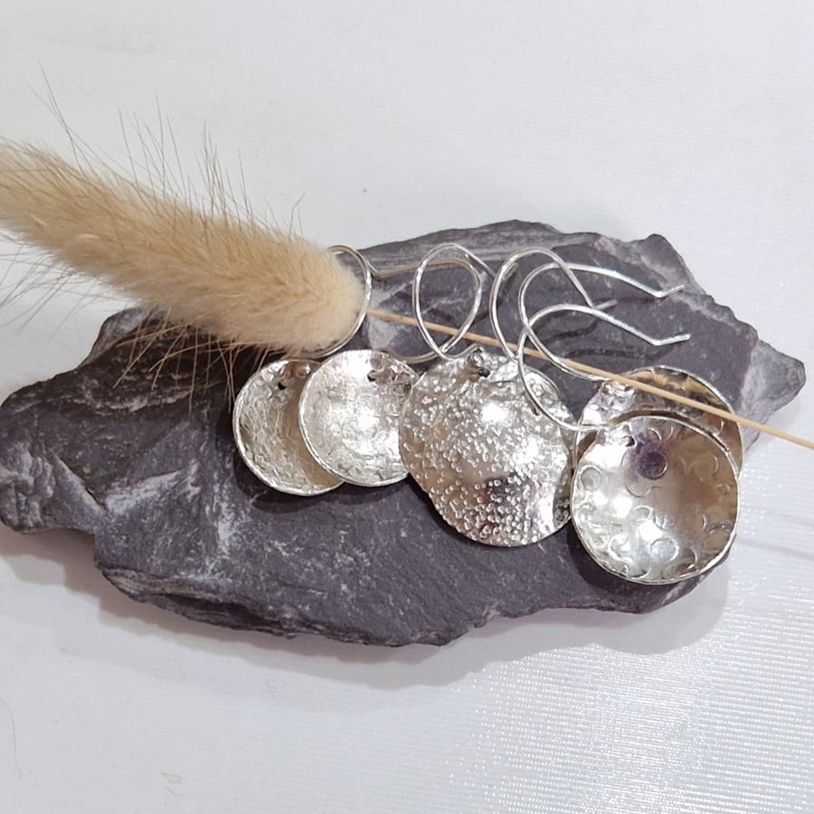 Textured Sterling Silver Disc Drop Earrings: handmade, recycled, ideal gifts