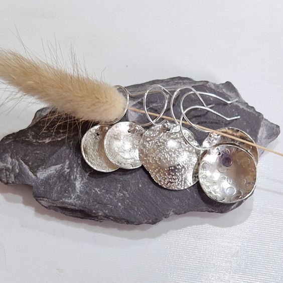 Textured Sterling Silver Disc Drop Earrings: handmade, recycled, ideal gifts