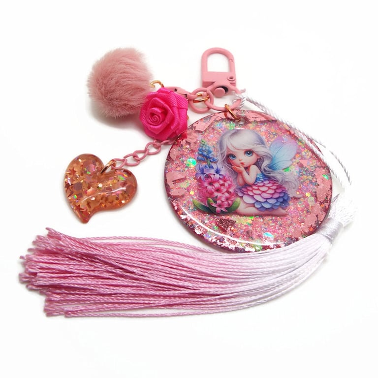 Pink Flower Fairy Bag Charm with Rose and Pompom