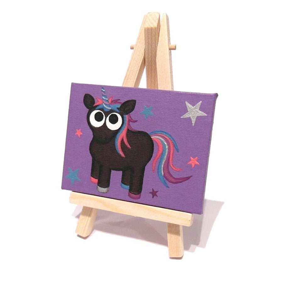 Black Unicorn Mini Painting - cute alternative mythical creature art