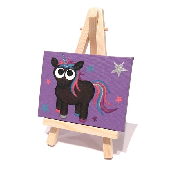 Black Unicorn Mini Painting - cute alternative mythical creature art