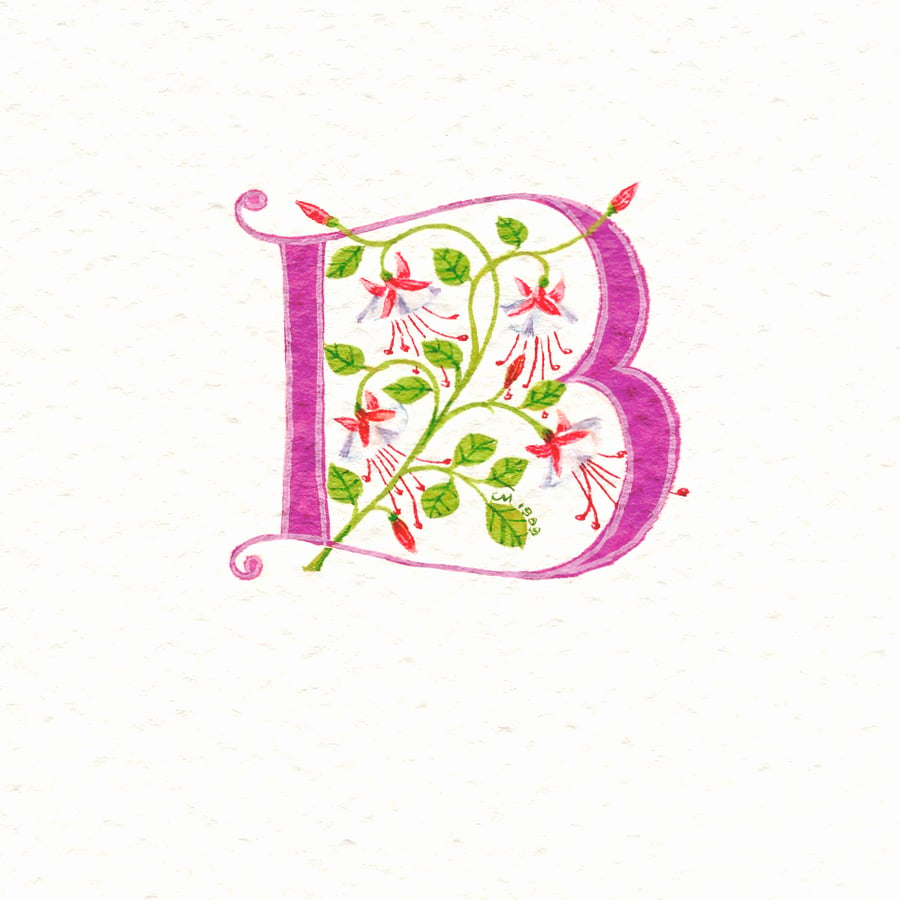 Letter 'B' in pink with pink and white Fuchsias.