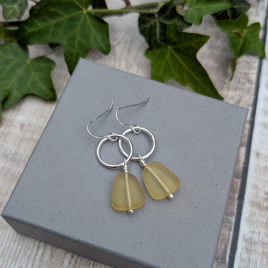 Sterling Silver Circle Earrings with Yellow Sea Glass Beads  JBJ1103