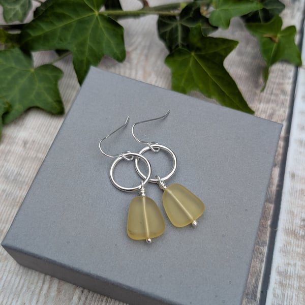 Sterling Silver Circle Earrings with Yellow Sea Glass Beads  JBJ1103