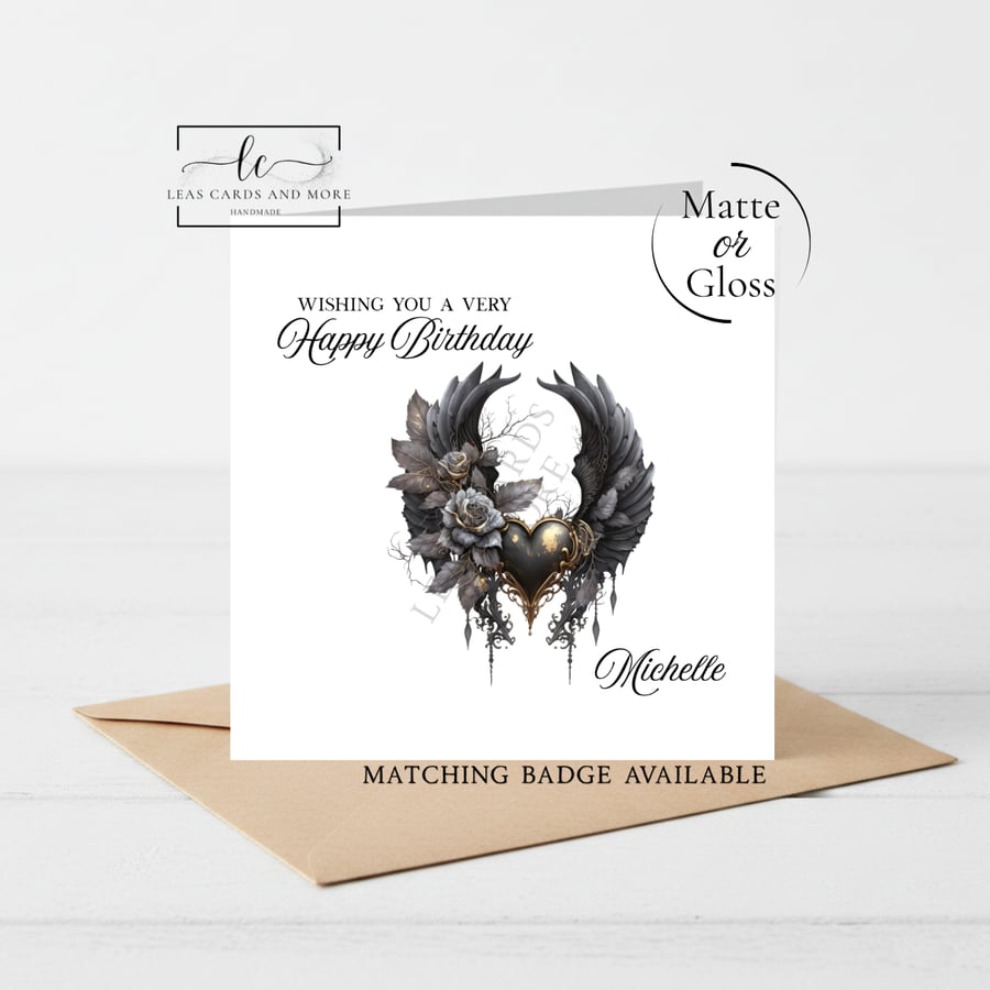Gothic Floral Black Heart Happy Birthday Card