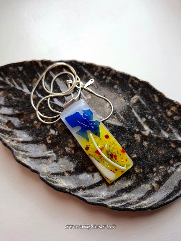 Handmade Fused Glass Pendant Necklace Poppy-field with Large Blue Cornflower