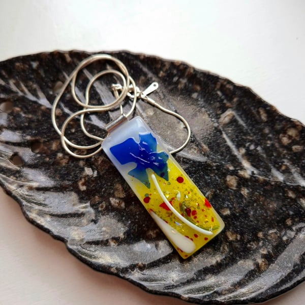 Handmade Fused Glass Pendant Necklace Poppy-field with Large Blue Cornflower