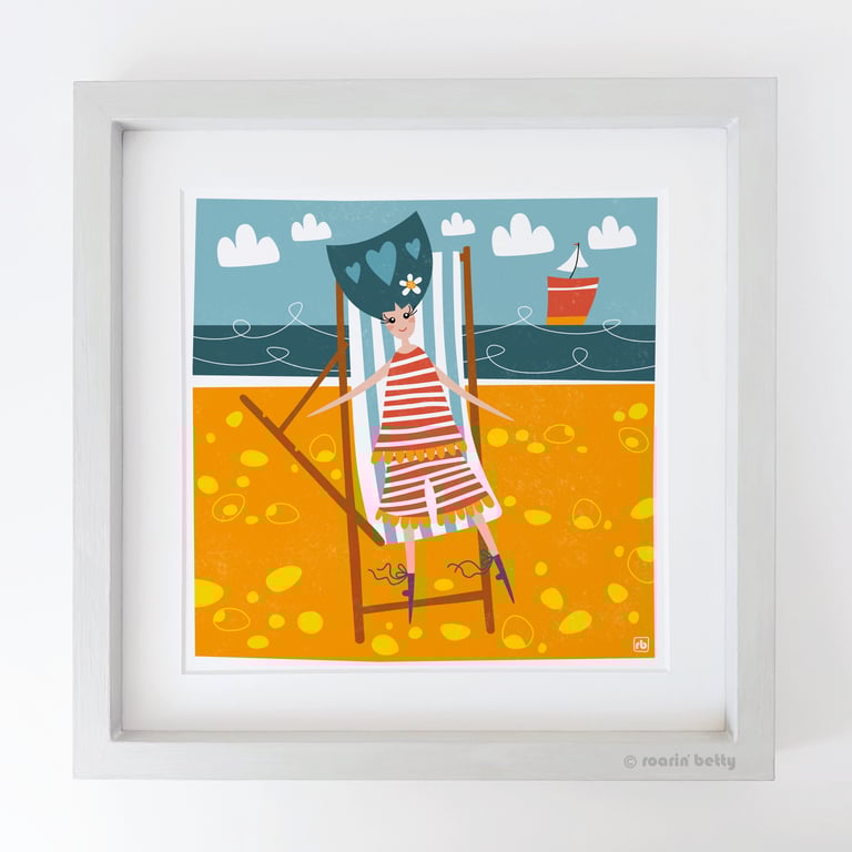 Chilling On The Beach, woman, girl on deckchair by the seaside, Giclee print
