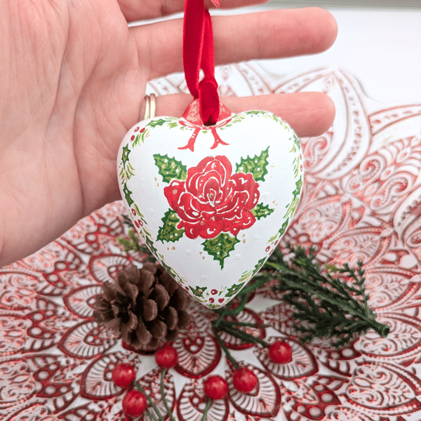 Red Rose ceramic heart Christmas bauble