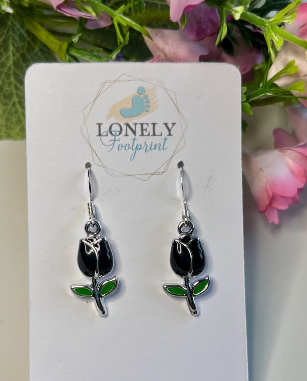 Black Tulip Enamel Earrings, Floral and Nature Jewellery, Handmade Gift for Her