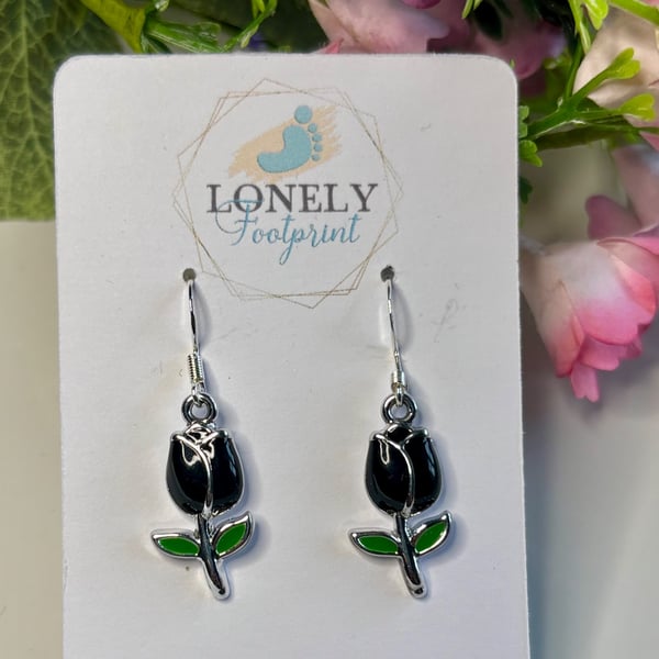 Black Tulip Enamel Earrings, Floral and Nature Jewellery, Handmade Gift for Her
