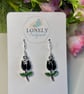 Black Tulip Enamel Earrings, Floral and Nature Jewellery, Handmade Gift for Her