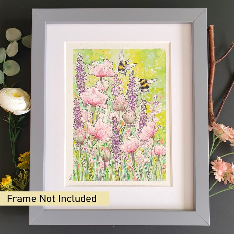 Bees and pink flowers, watercolour and mixed media artwork, original painting