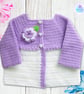 Crochet baby set, layette.  Lilac and white cardigan, hat and boots set 0-3 mths - Image 2