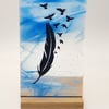 Fused Glass Panel 'Feather & Flight' on a Wooden Stand with Tealight