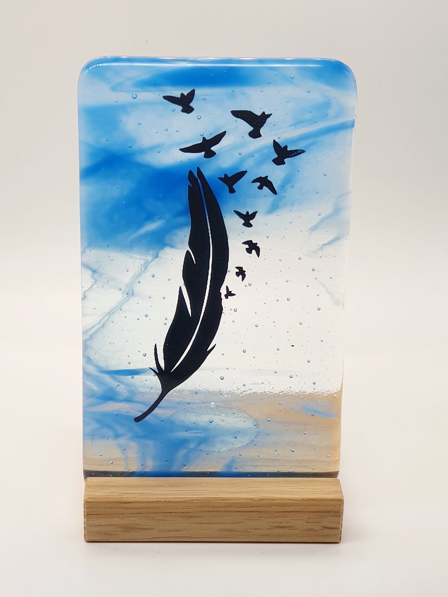 Fused Glass Panel 'Feather & Flight' on a Wooden Stand with Tealight