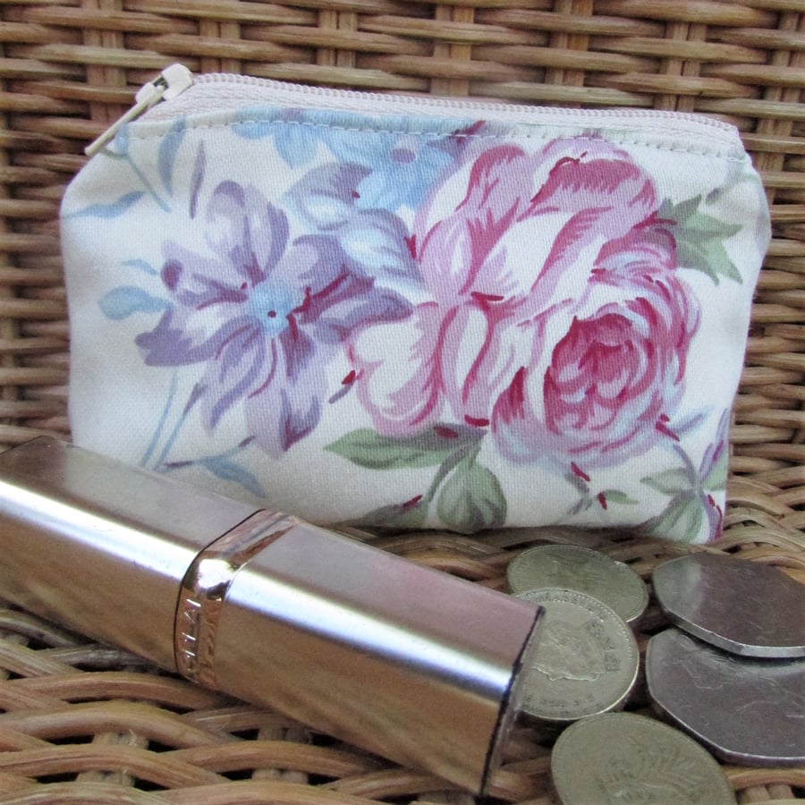 Small purse, coin purse - cream with pink, purple and blue flowers