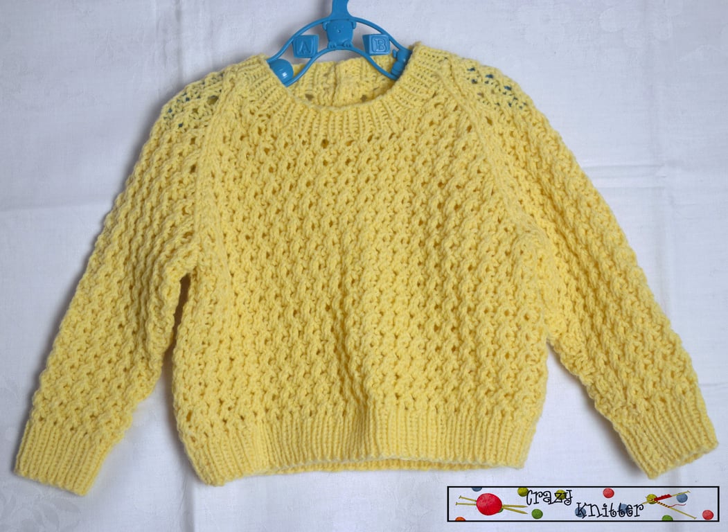 Hand Knitted Baby Raglan Lace Sweater Textured Yellow 9-12 months