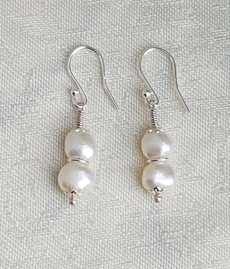 Pretty White Freshwater Pearl Earrings - design 2 - Sterling Silver Ear Wires.
