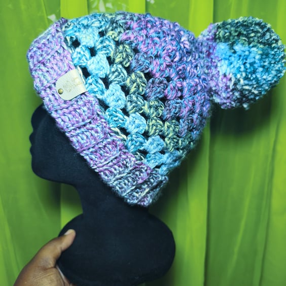 Chunky Purple & Blue Mix Granny Beanie with Pom-Pom 