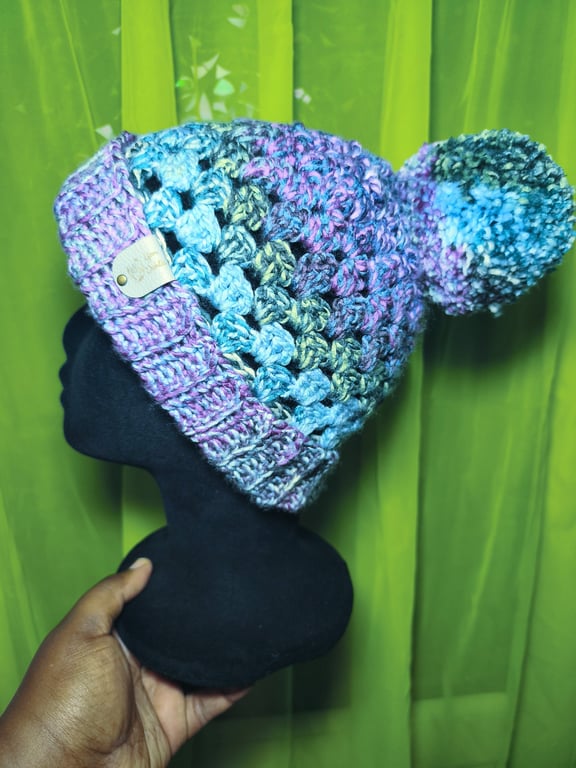 Chunky Purple & Blue Mix Granny Beanie with Pom-Pom 