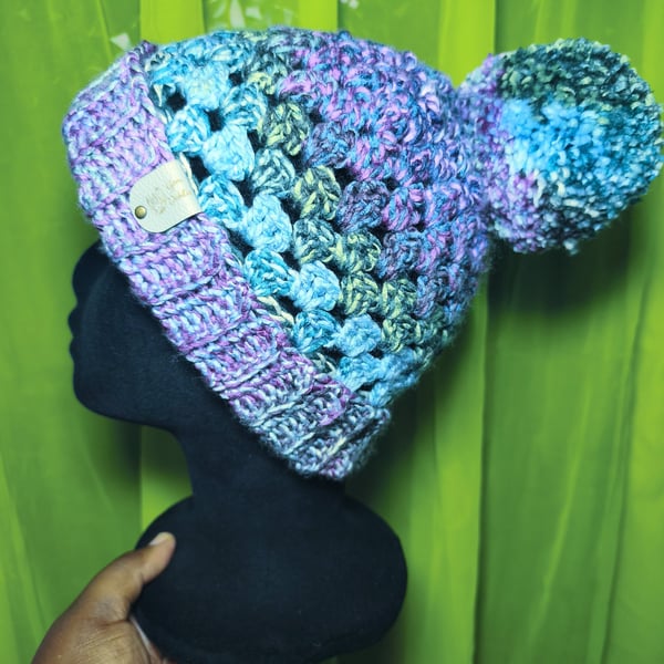 Chunky Purple & Blue Mix Granny Beanie with Pom-Pom 