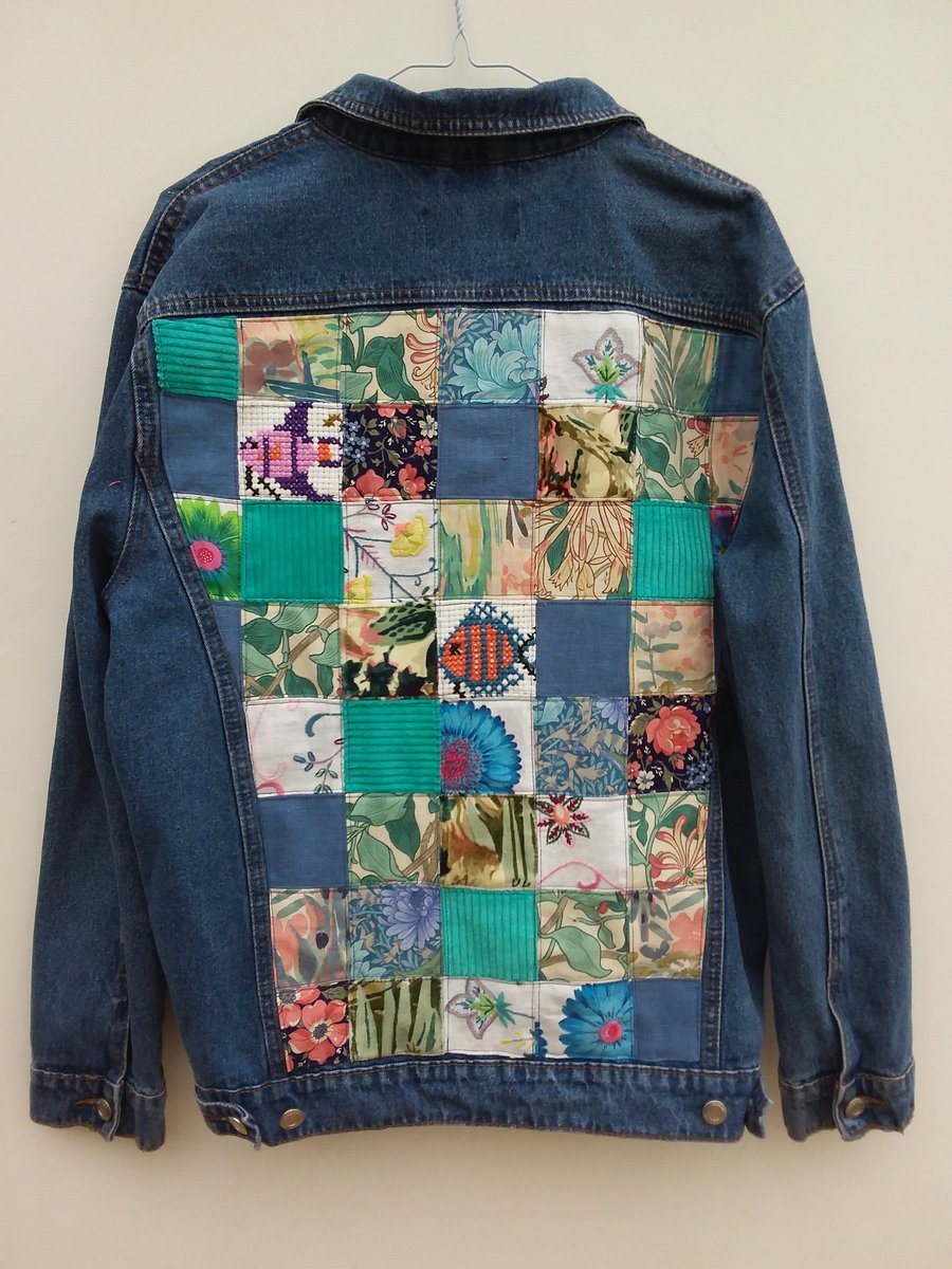 Upcycled denim jacket blue patchwork Folksy