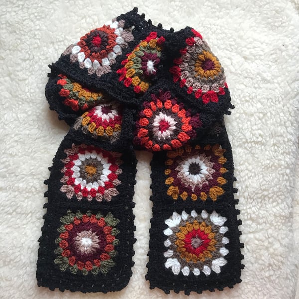 Handmade Crochet Granny Square Sunburst Scarf – Autumn Colours – Boho