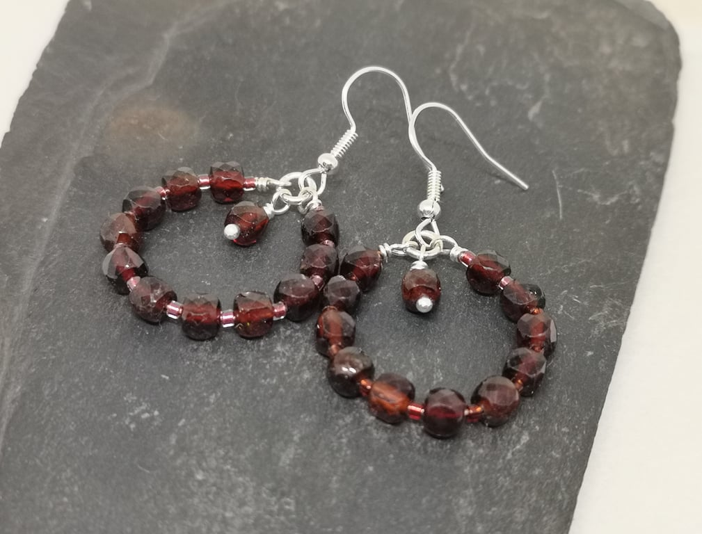 Garnet hoop earrings, January birthstone 