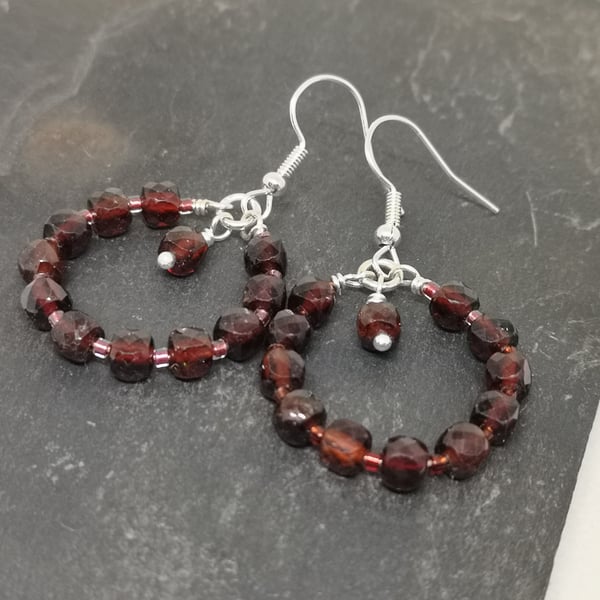 Garnet hoop earrings, January birthstone 