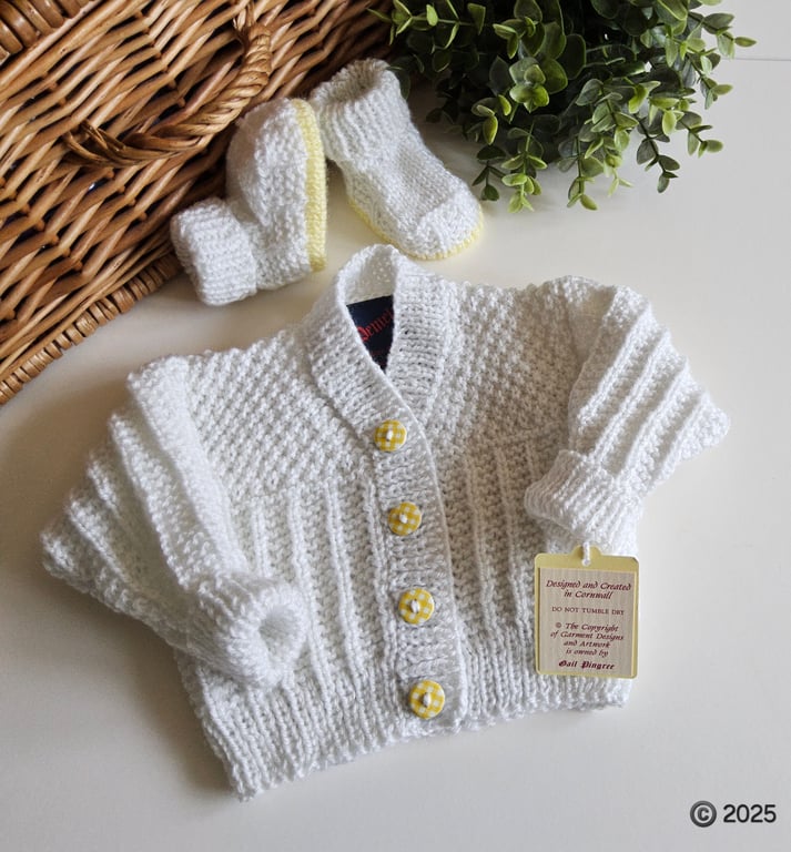 Hand Knitted Baby Cardigan & Booties Set Ivory White & Lemon 0 - 3 months size 