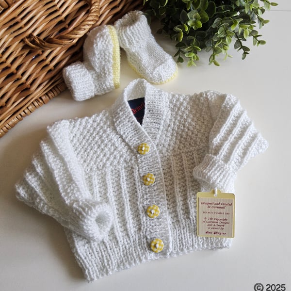 Hand Knitted Baby Cardigan & Booties Set Ivory White & Lemon 0 - 3 months size 