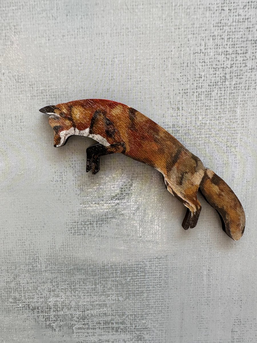 Pouncing Fox Wooden Magnet