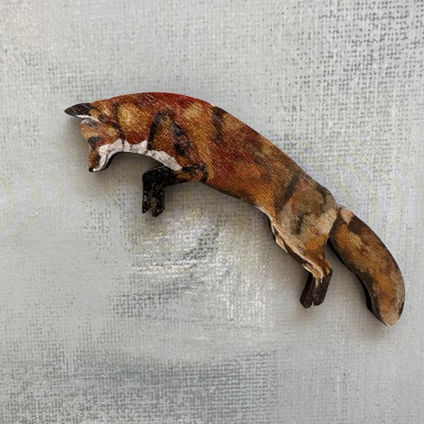 Pouncing Fox Wooden Magnet